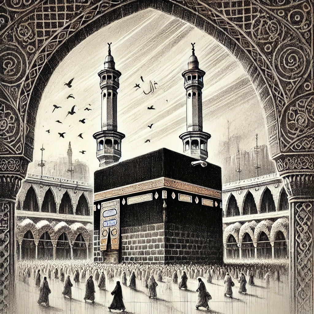 Painting of Kaaba Mecca through an Archway - Wall Art, Home Decor, artwork, drawing, islamic art - available in multiple sizes